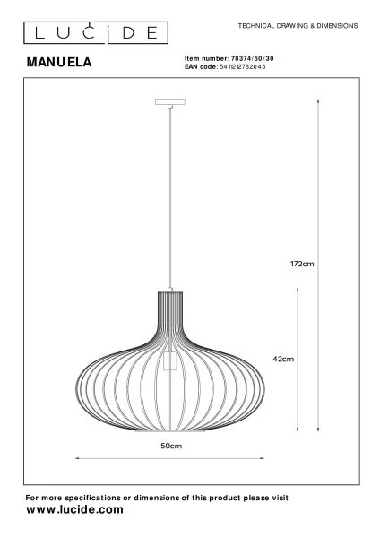 Lucide MANUELA - Pendelleuchten - Ø 50 cm - 1xE27 - Schwarz - TECHNISCH